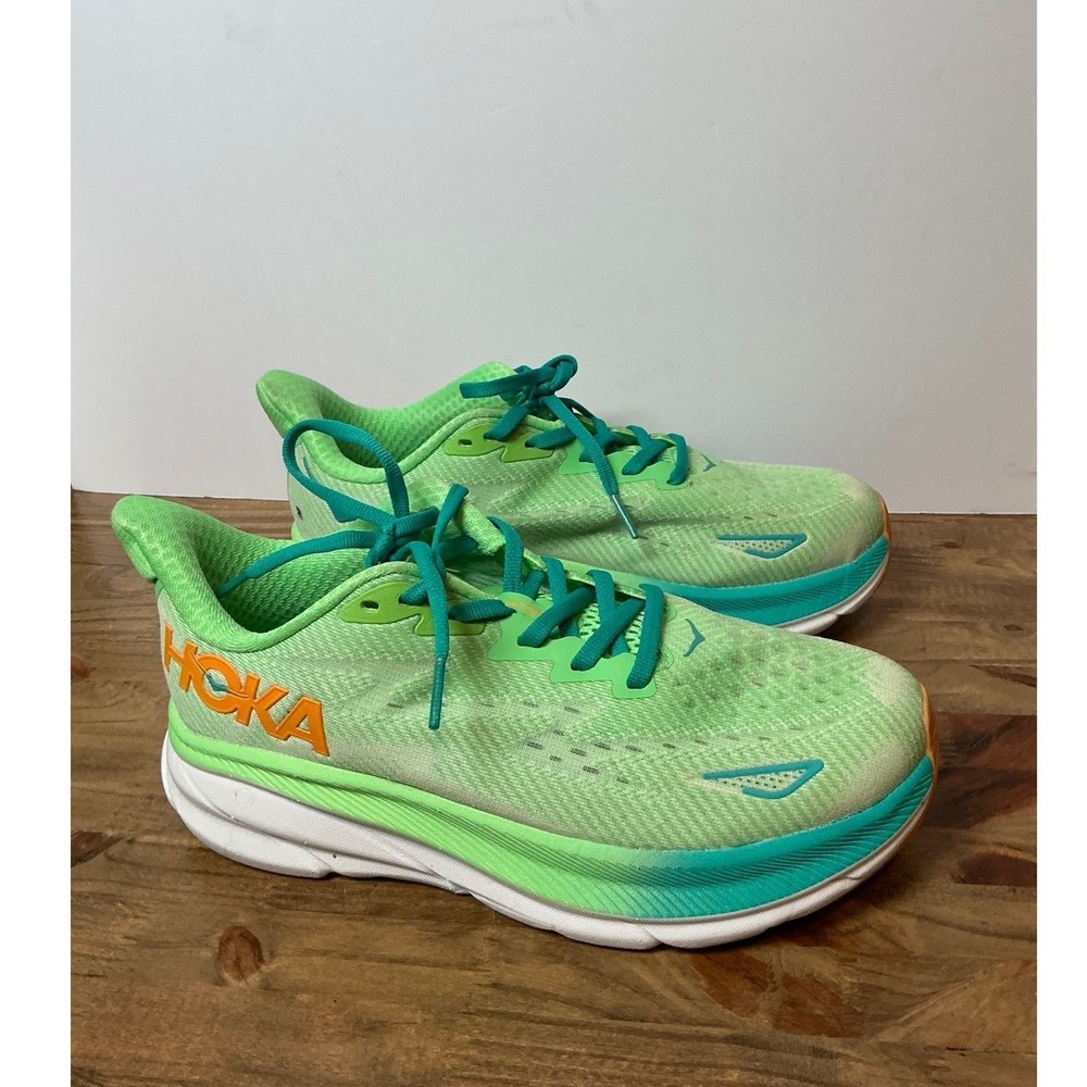 HOKA Clifton 9 Women Running Shoes Size 7D Wide Green Lime Orange 1132210 ZLGL - Picture 4 of 8